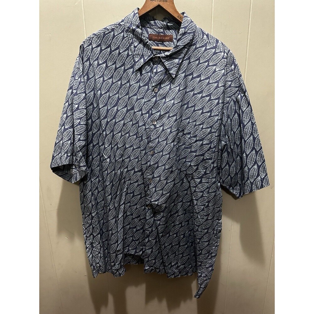 Tori Richards Hawaiian Blue Floral Leafs Men's Short Sleeve Shirt Sz 2XL